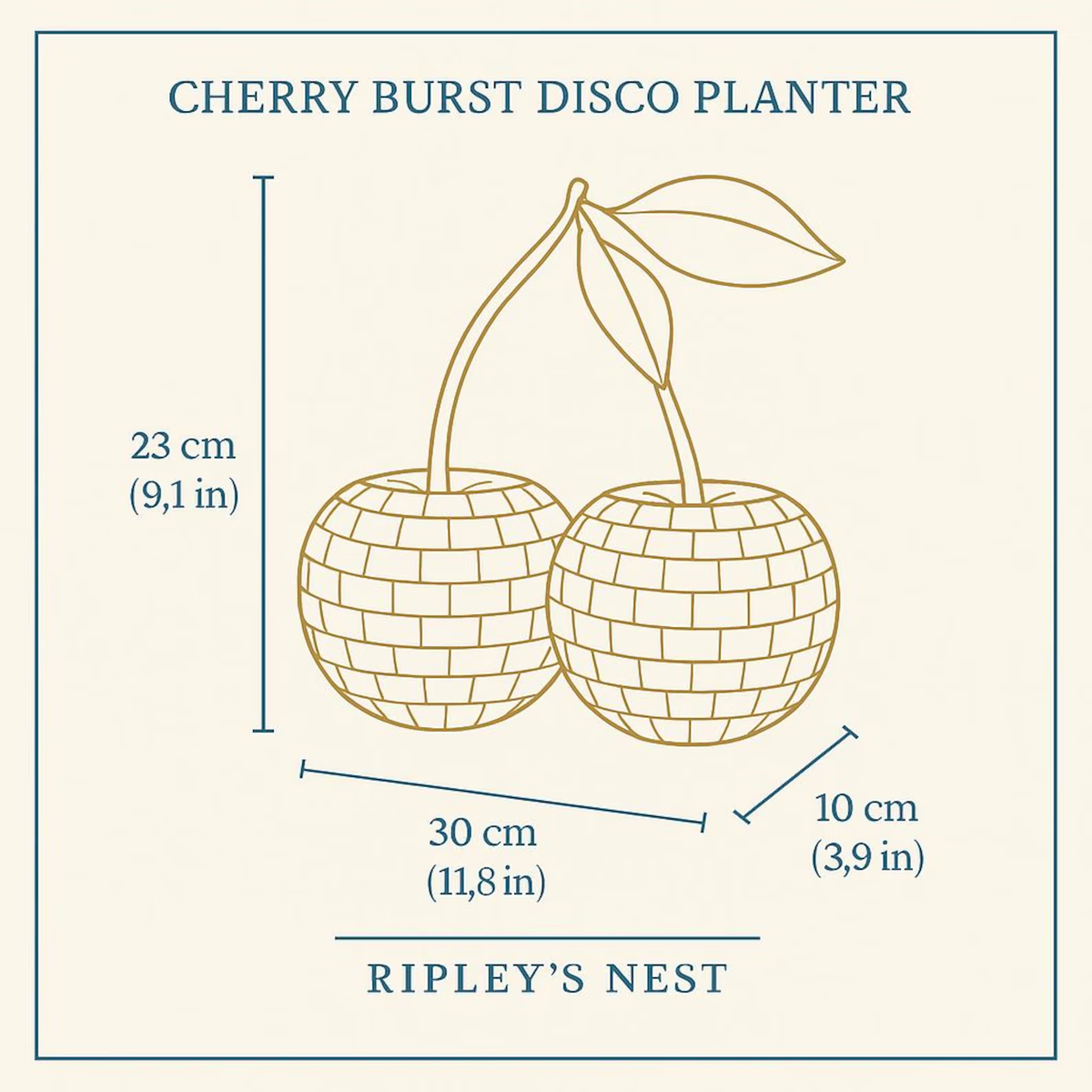 Cherry disco planter dimension diagram showing 23 by 30 by 10 centimetres