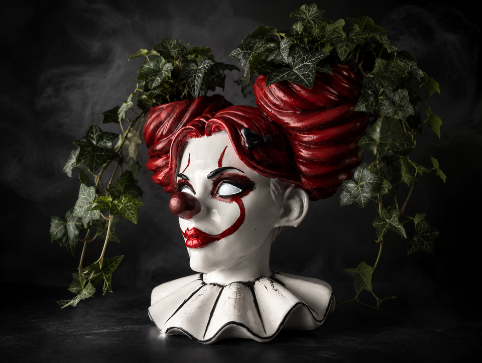 Side view of The Last Laugh red-haired clown girl plant pot with ivy styling