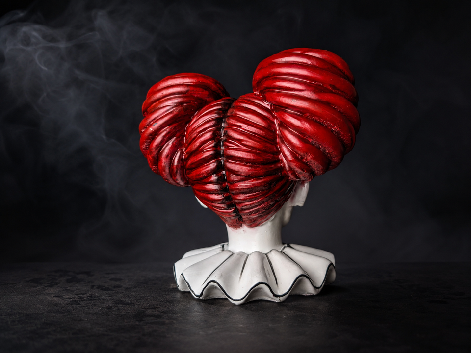 Rear view of hand-painted red hair on The Last Laugh cast stone planter