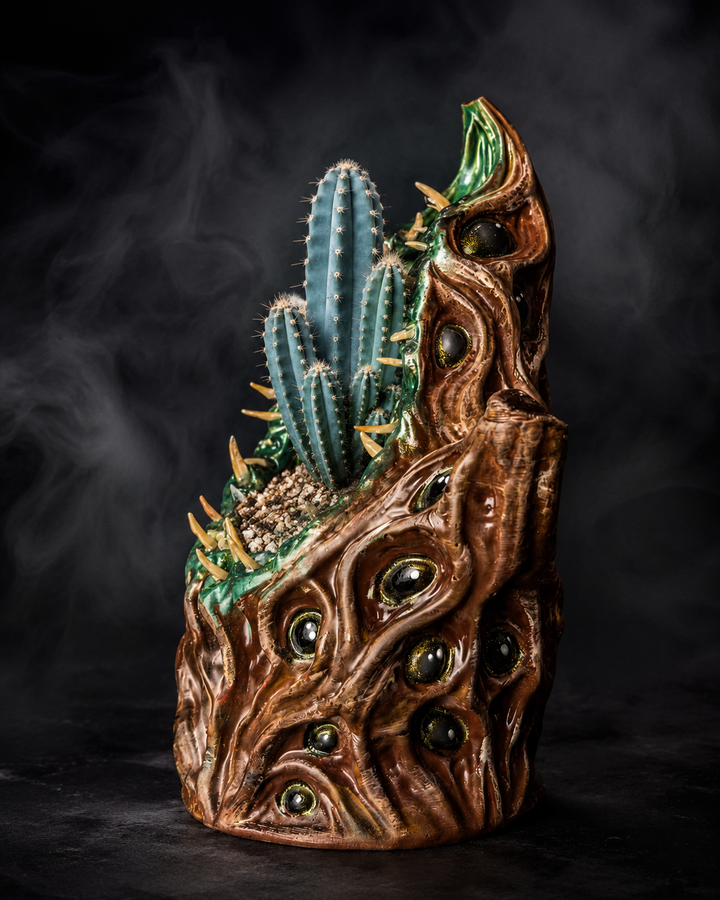 The Watching Maw cosmic horror plant pot with blue cactus on a dark studio background