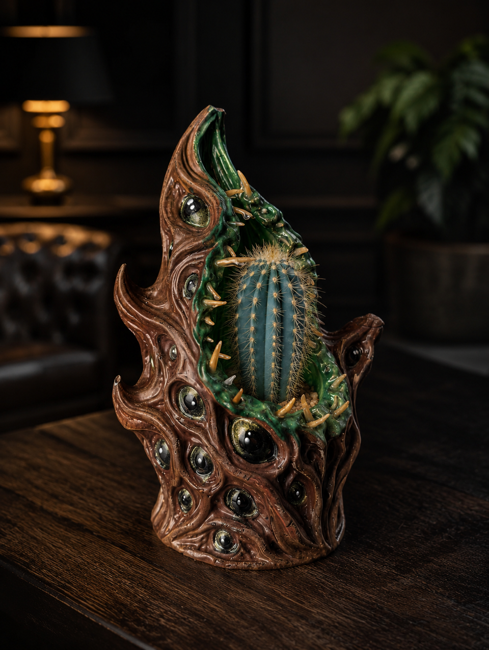 The Watching Maw cosmic horror planter styled on a dark wooden table with cactus