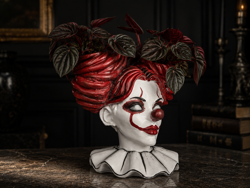 Gothic horror clown planter styled indoors with dark red foliage