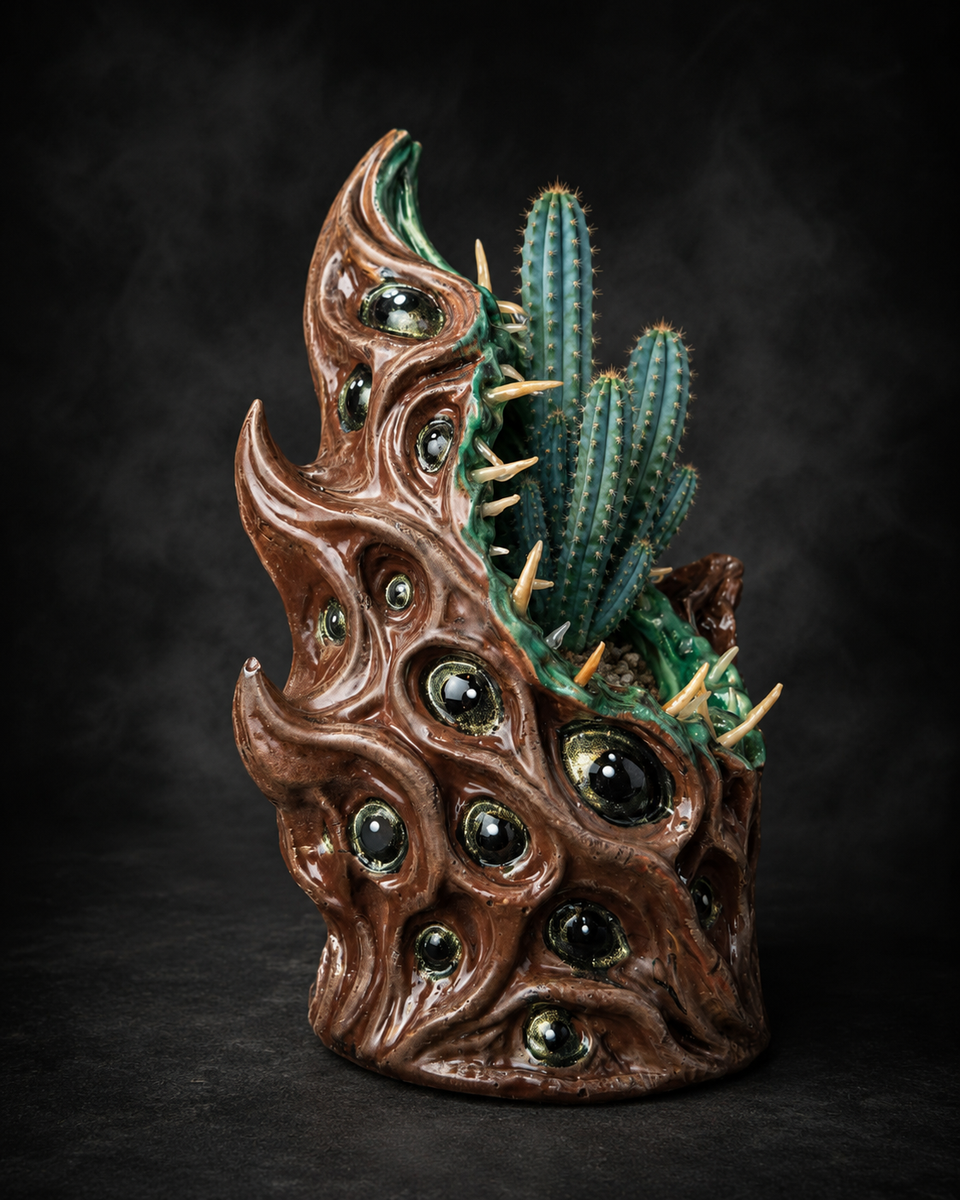 Side view of The Watching Maw many-eyed monster planter with blue cactus