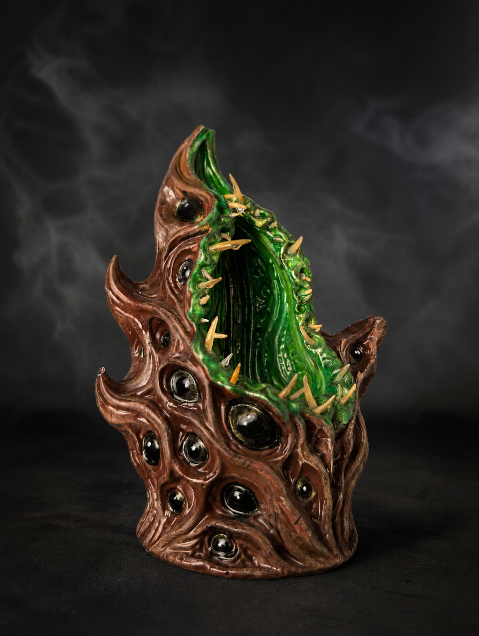 Angled view of The Watching Maw brown and green cast stone monster planter