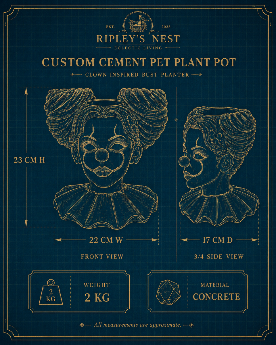 Dimensions sheet for The Last Laugh cast stone clown planter showing 23 cm high, 22 cm wide and 17 cm deep