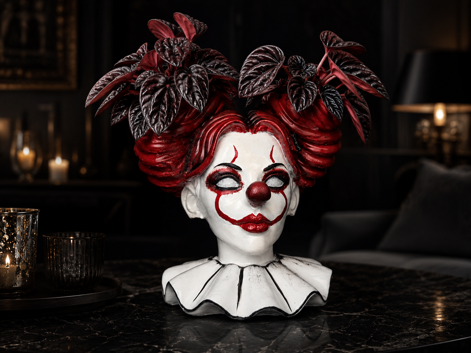 The Last Laugh horror clown girl planter styled with dark red foliage and candles