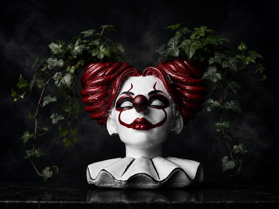Front low angle of cast stone clown girl planter with two planting bowls and trailing greenery