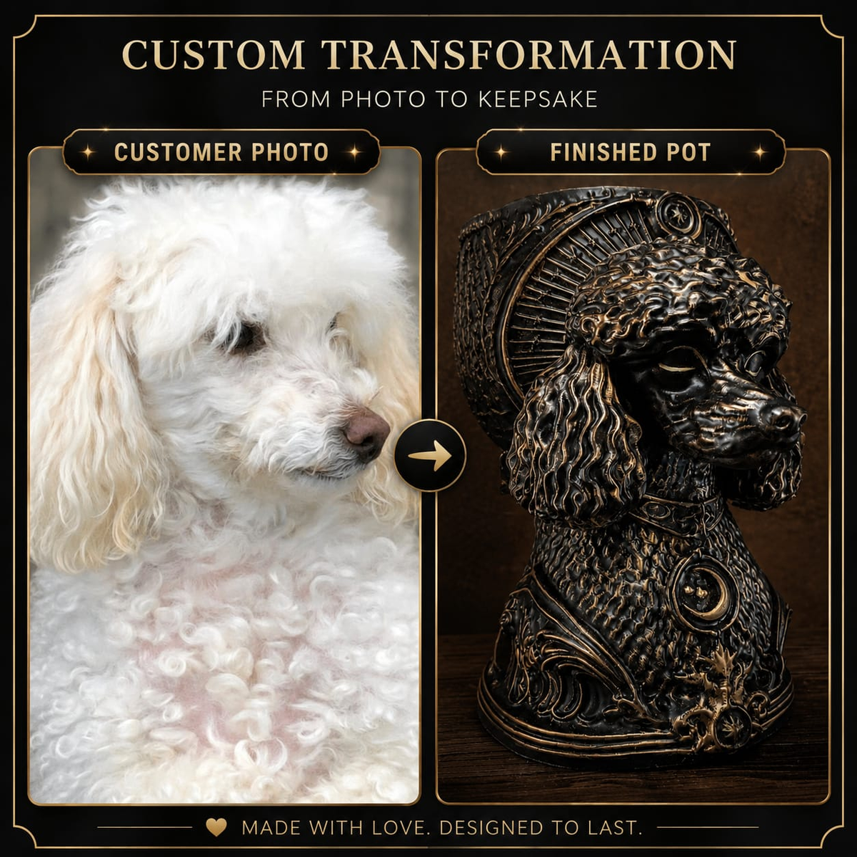 Customer photo transformed into finished Moon Familiar custom dog planter