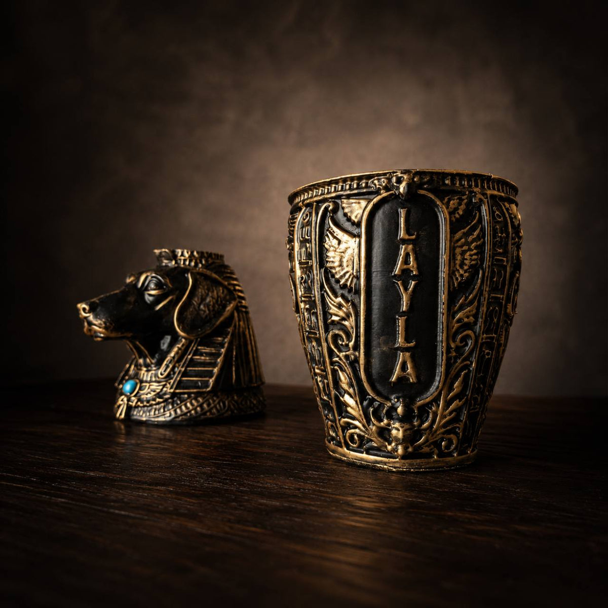 Pet urn shown with lid removed to show two piece canopic jar design