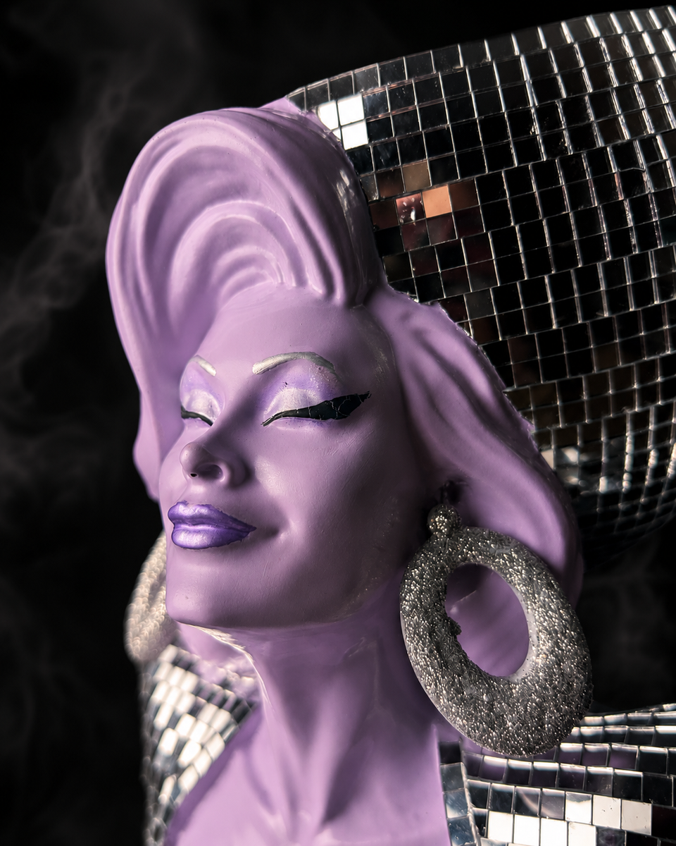 Close detail of Mother Mirrorball face, hair and silver mirrorball finish