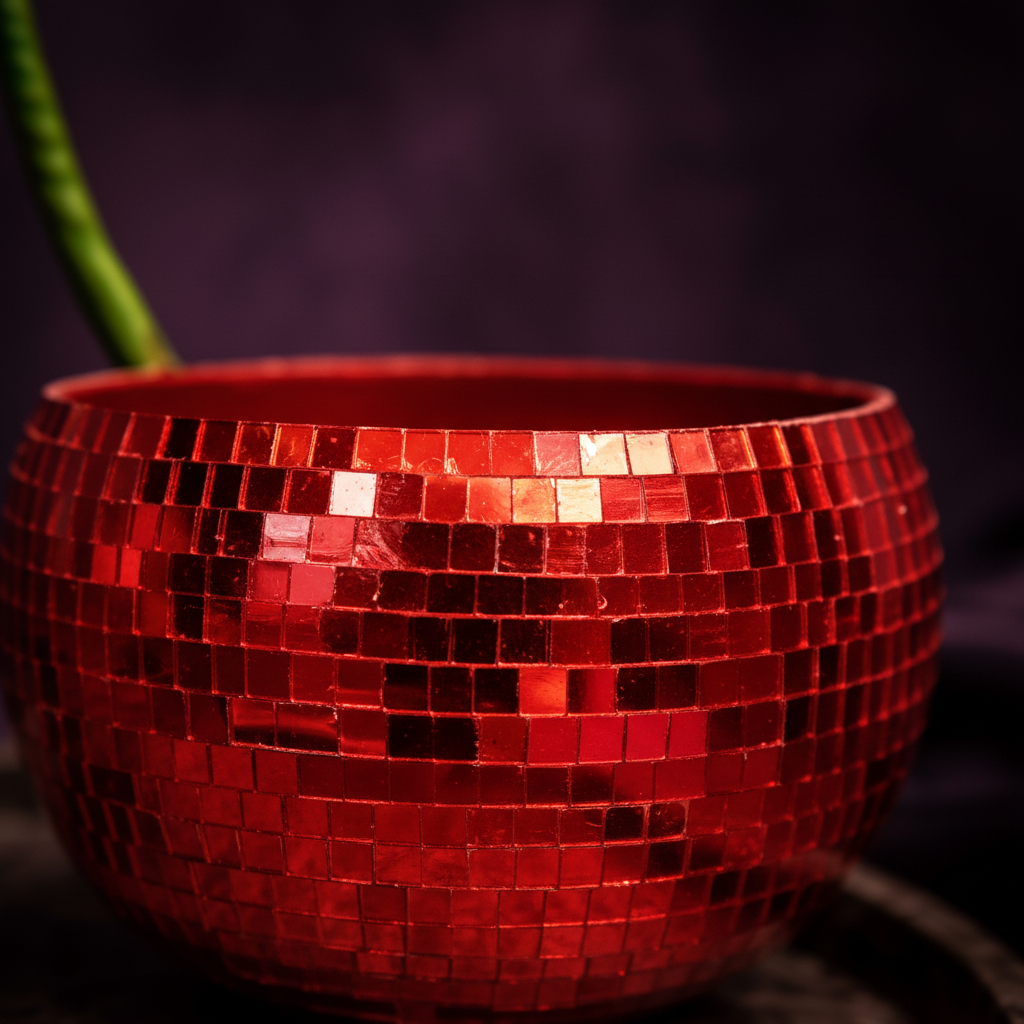 Close-up of one red mirror mosaic cherry planter bowl
