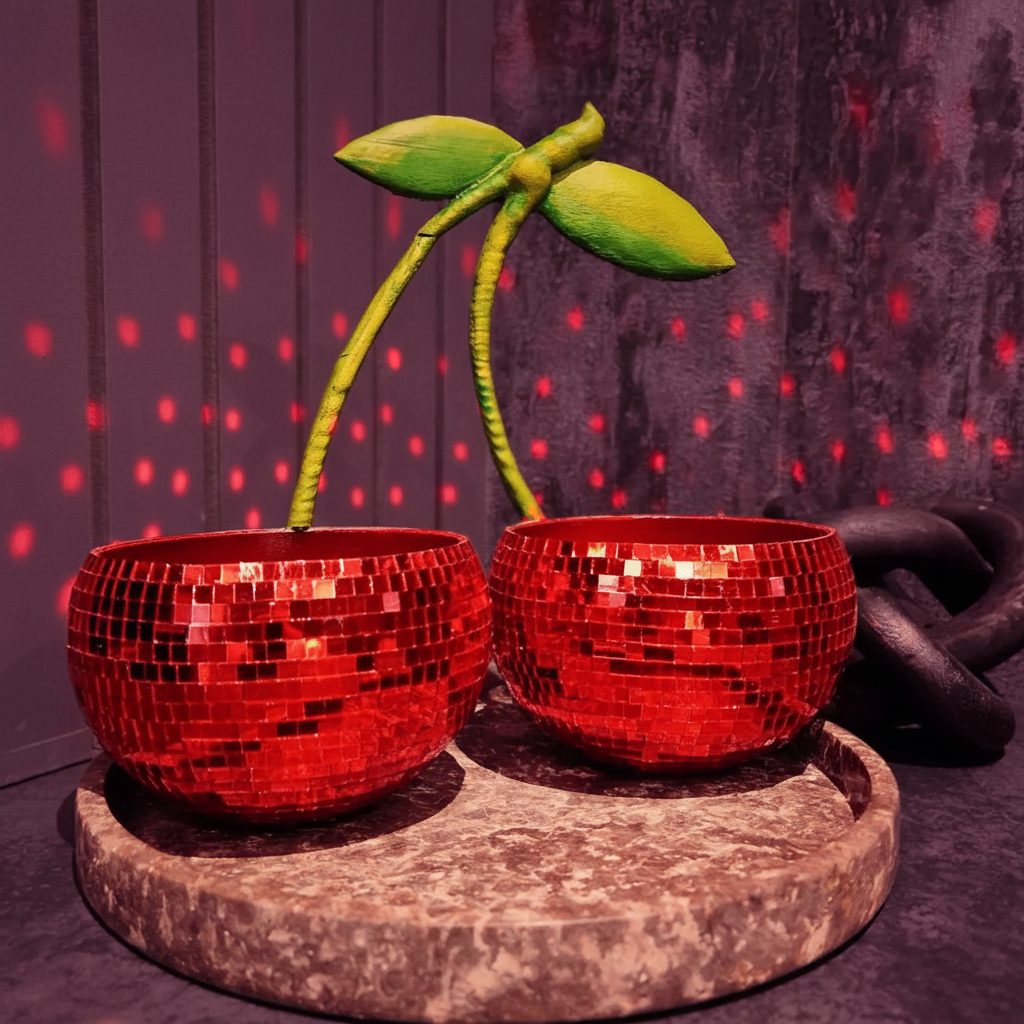 Pair of red cherry disco planters catching red light reflections