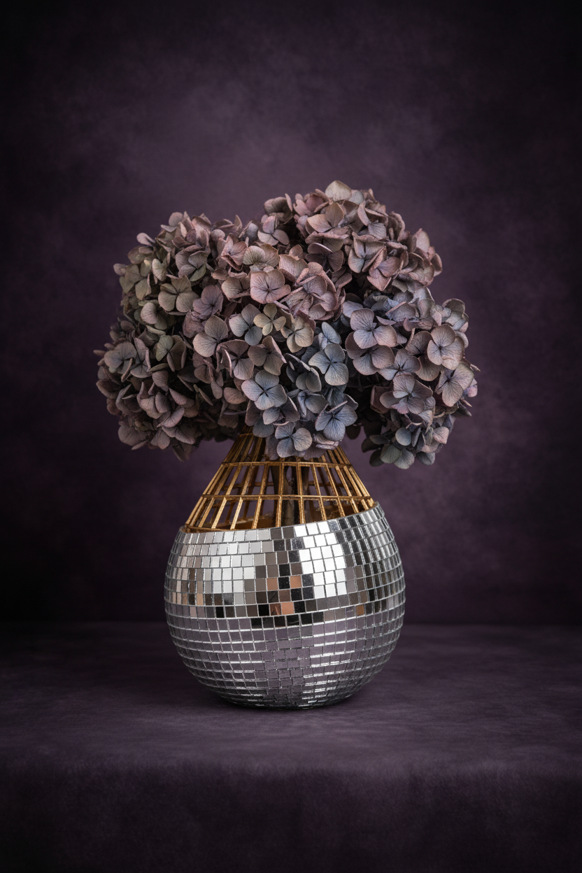 Mirror mosaic vase with dried hydrangea