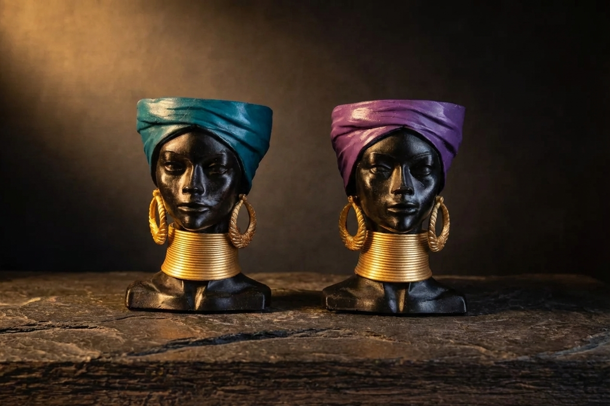 Golden Grace African Woman Head Planter - Studio pair teal and purple