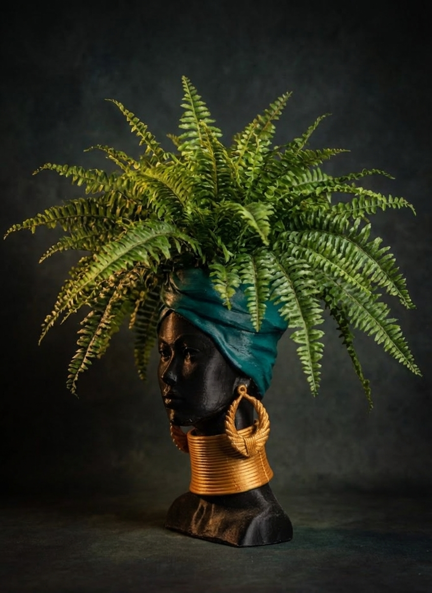 Golden Grace African Woman Head Planter - Planted fern