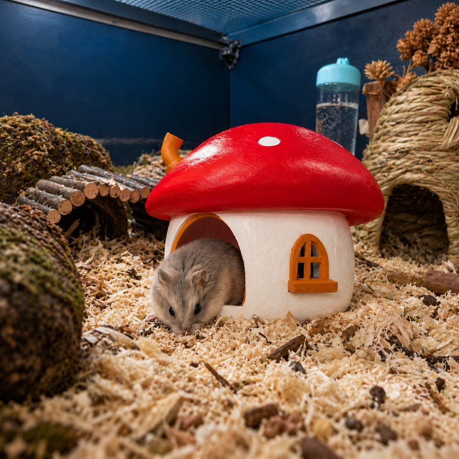 Fairy Mushroom Hamster Hide in an indoor hamster cage with a hamster at the doorway