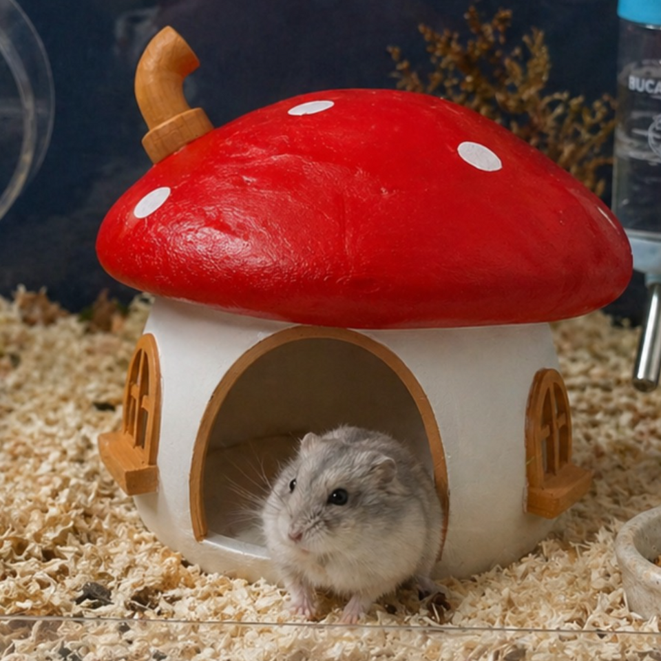 Close view of the red mushroom roof and arched doorway on the hamster hide