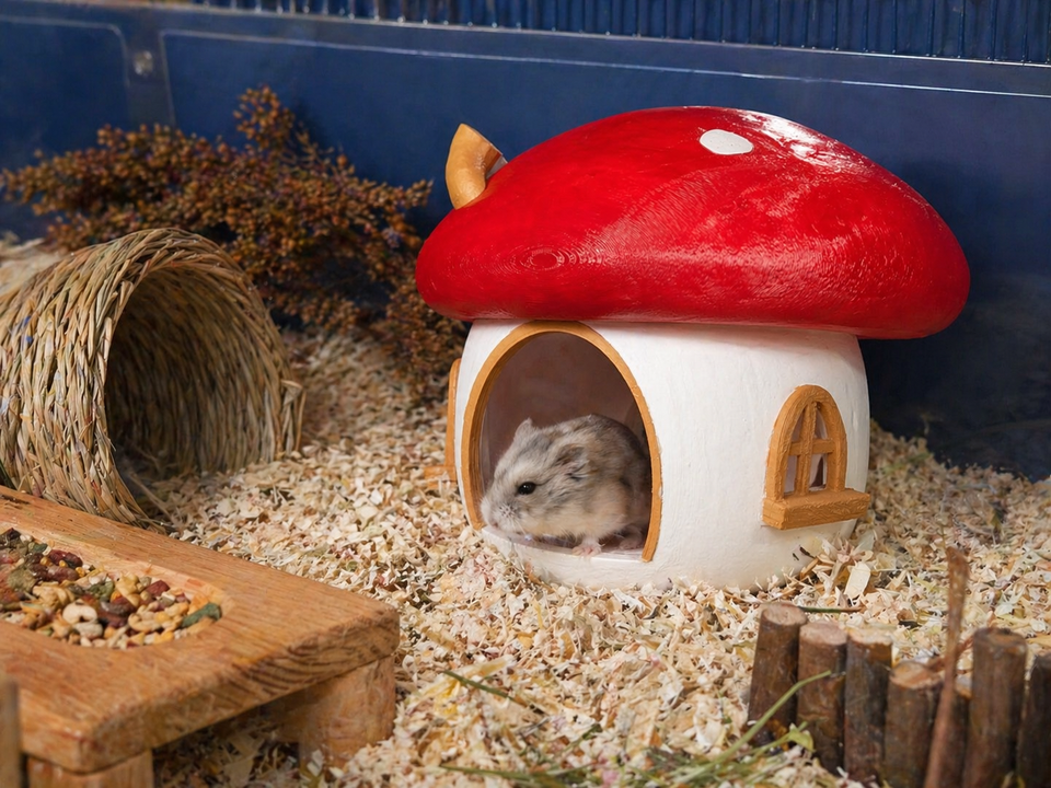Fairy Mushroom Hamster Hide beside cage enrichment and bedding