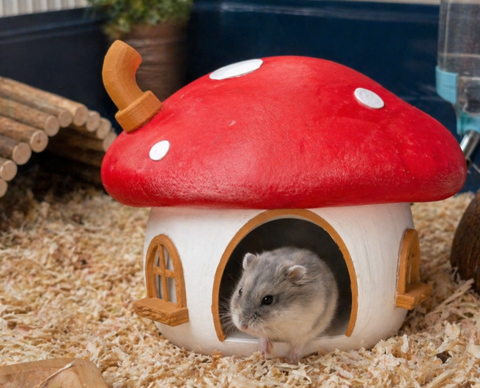 Front view of the Fairy Mushroom Hamster Hide with hamster inside
