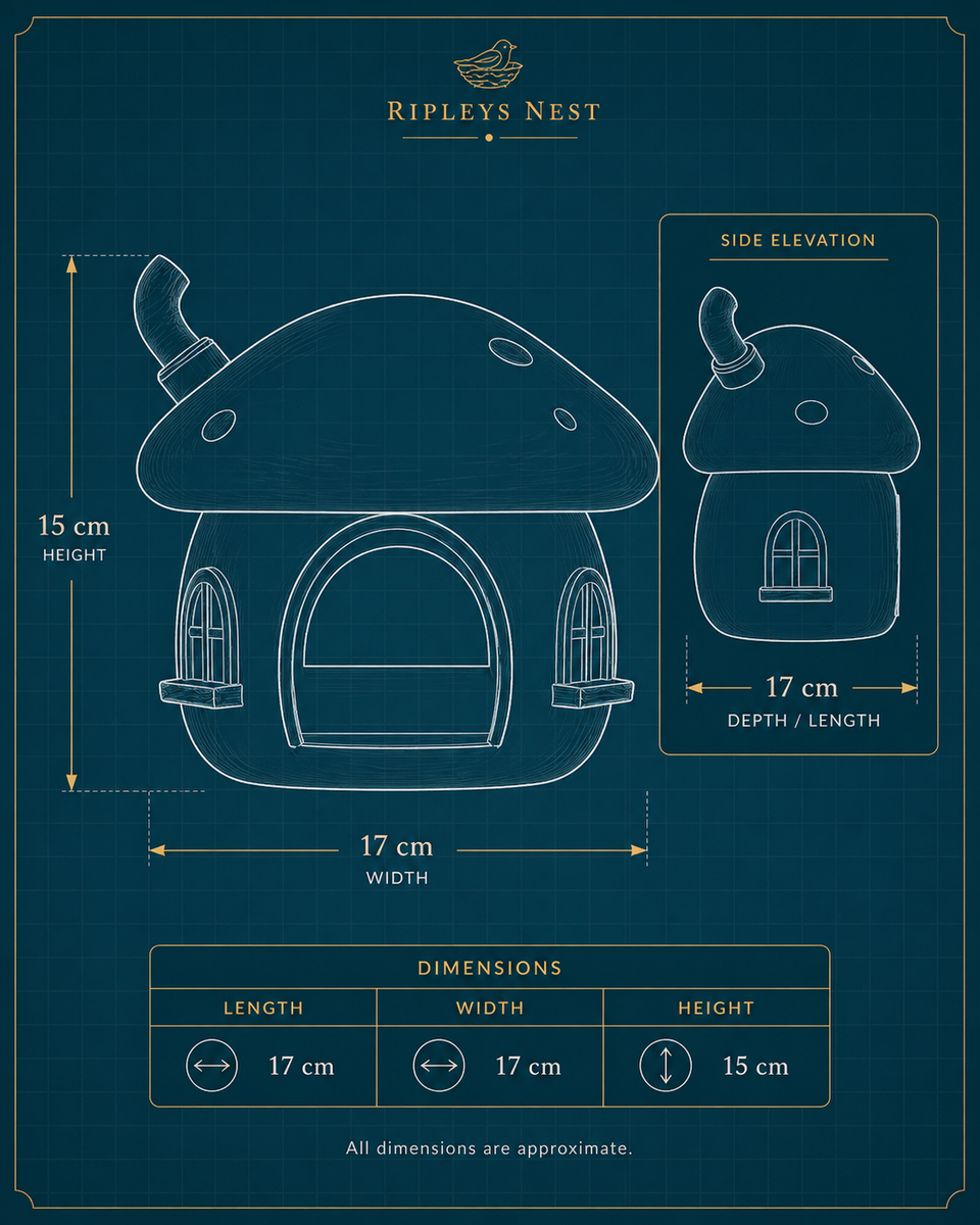 Dimensions diagram for the Fairy Mushroom Hamster Hide showing 17 cm by 17 cm by 15 cm