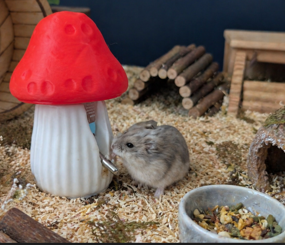 Fairy mushroom water bottle holder showing the bottle tucked inside the stem