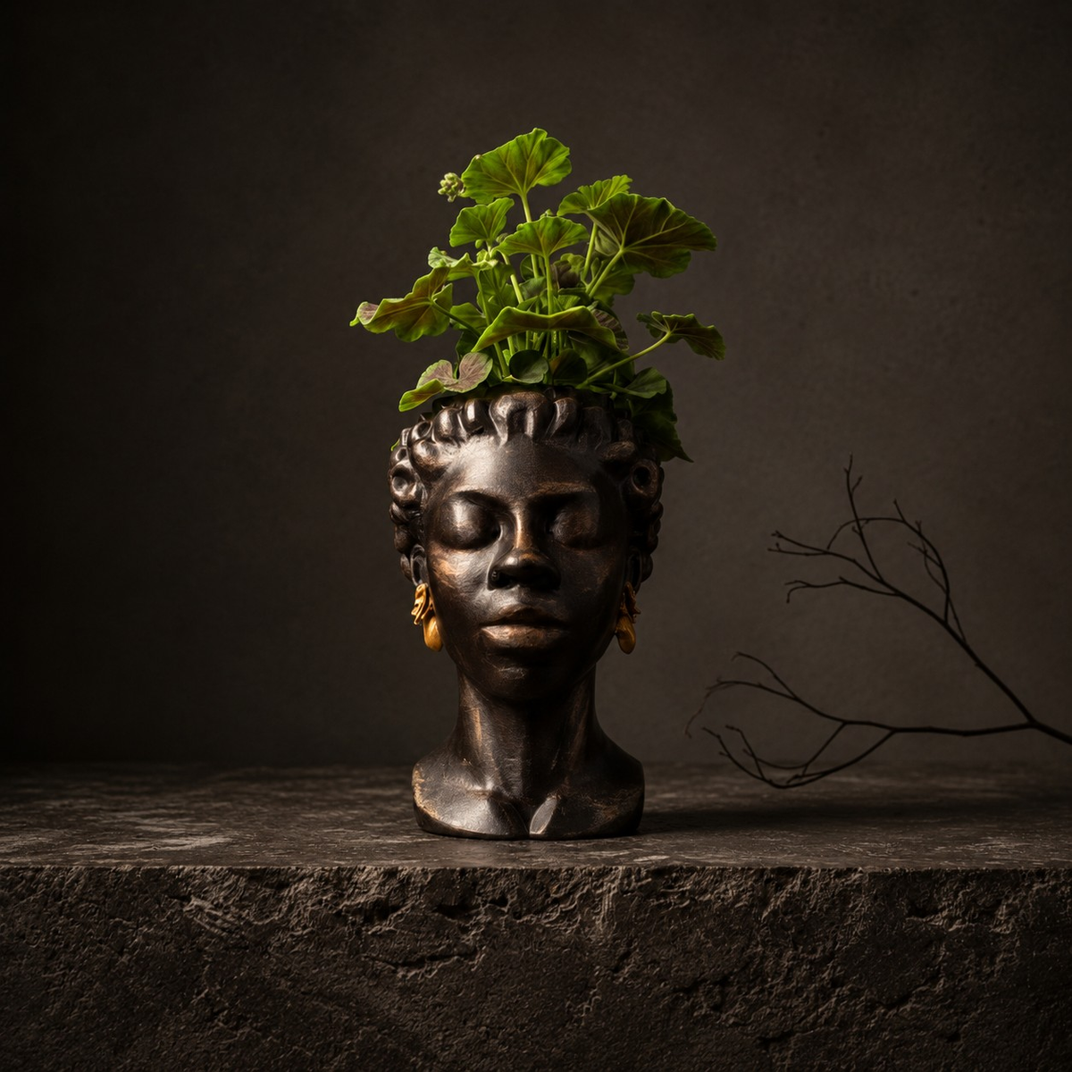 The Florid Chiaroscuro bust planter styled on a console table