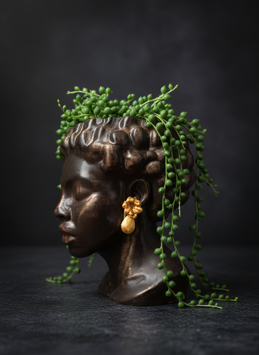 Bust planter with string of pearls trailing from the top