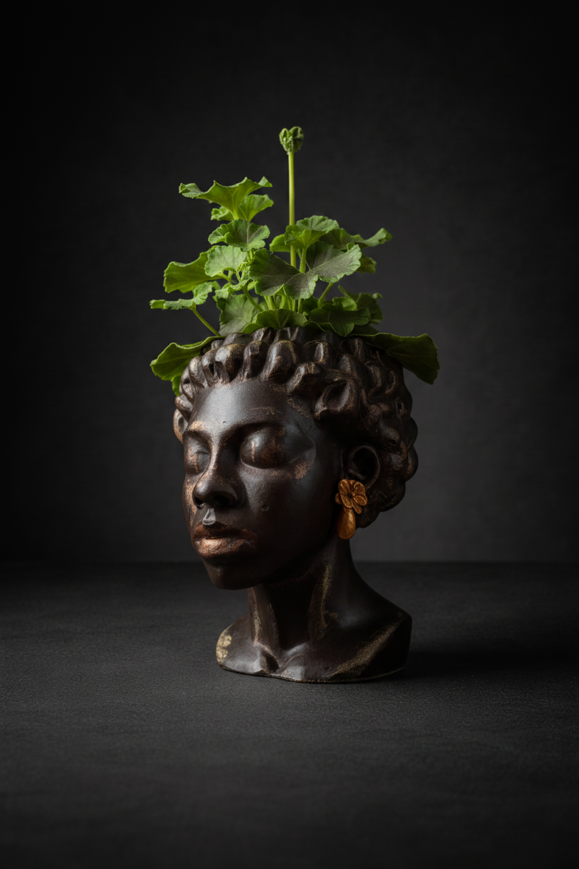 Three quarter view of cast stone bust planter with gold earrings