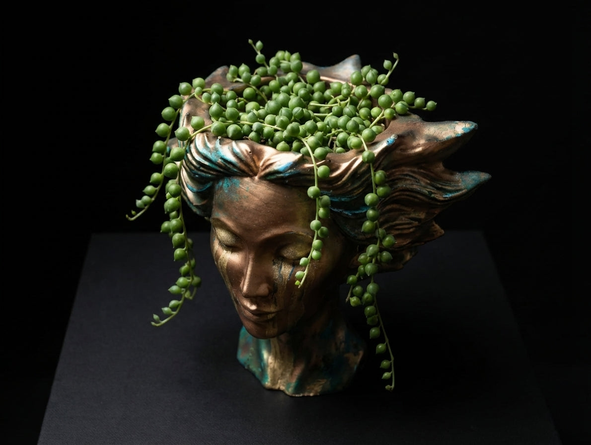Golden Tears bust planter with trailing plant