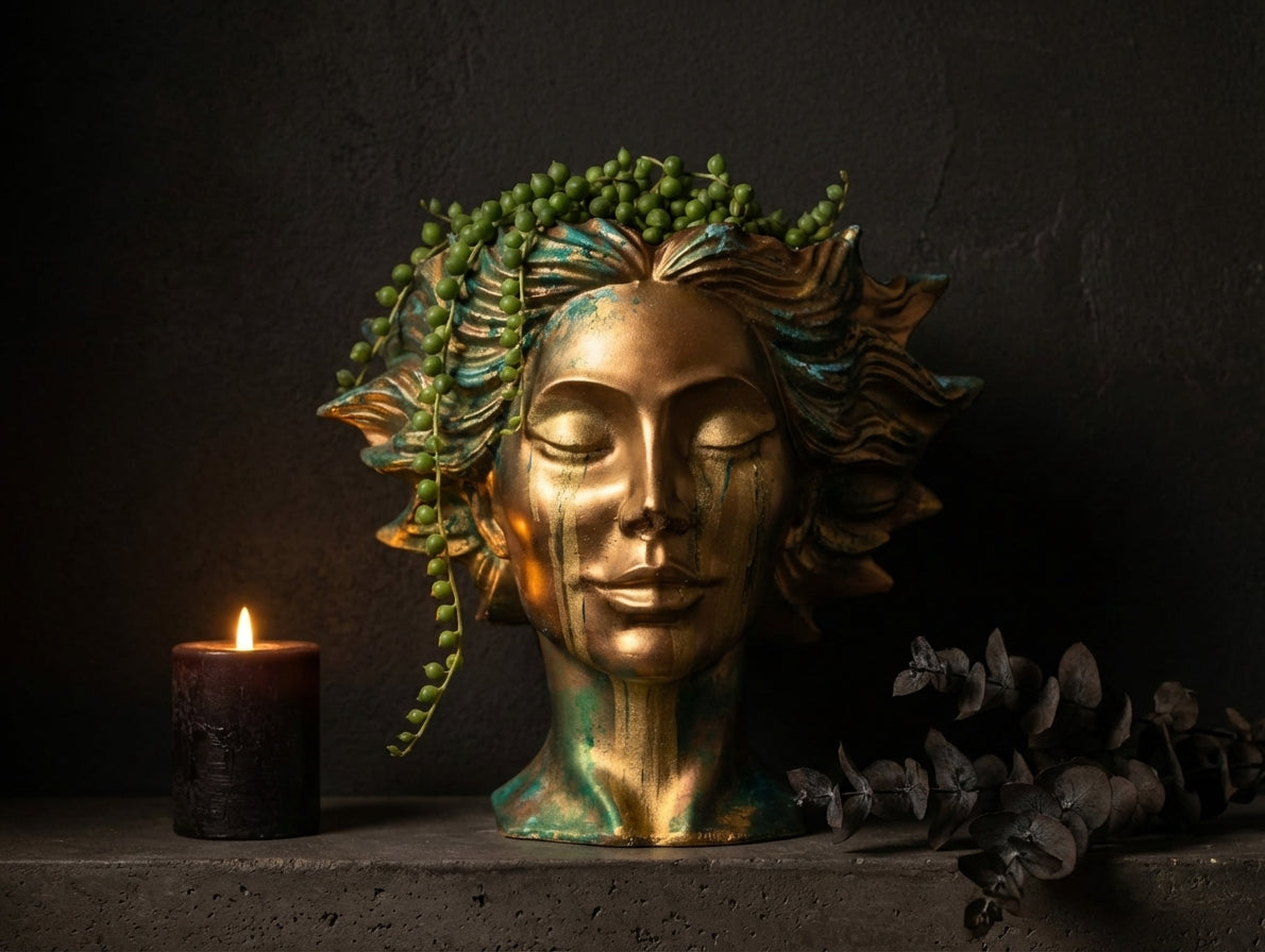 Golden Tears head planter styled on dark shelf