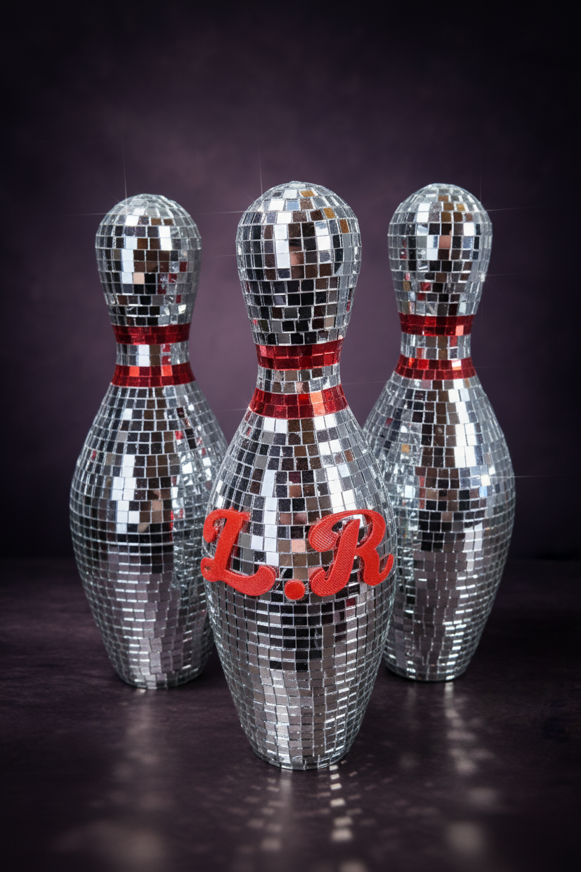 Disco mirror bowling pins trio