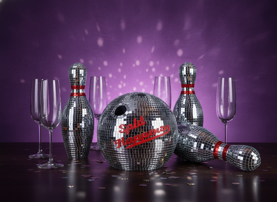 Mirror bowling set party table with champagne