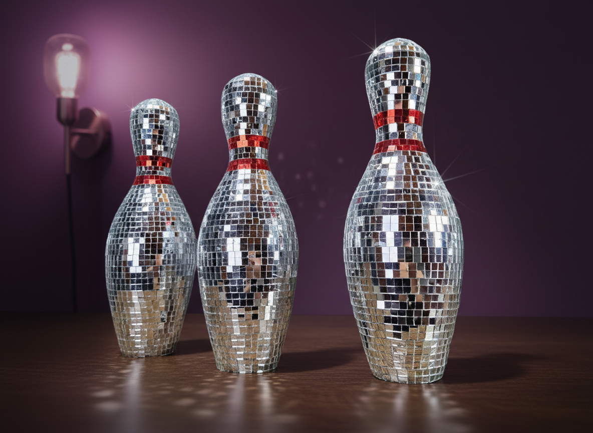 Mirror bowling set on shelf warm glow