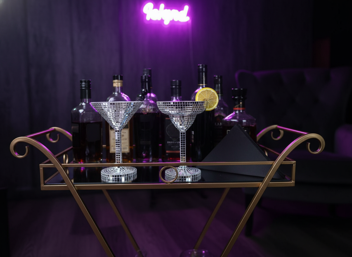 Happy Hour mirror mosaic cocktail glass planters on bar cart with purple glow