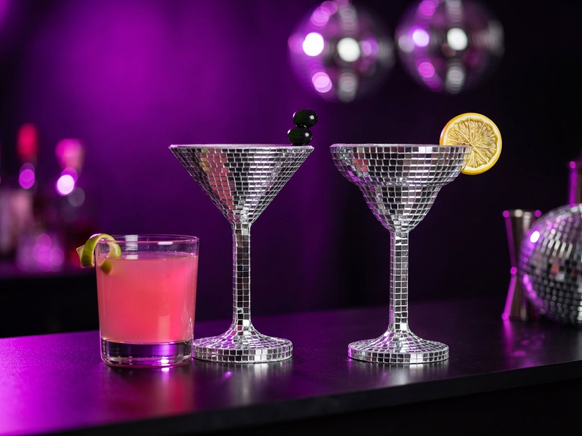 Happy Hour mirror mosaic cocktail glass planters at hen party bar setting