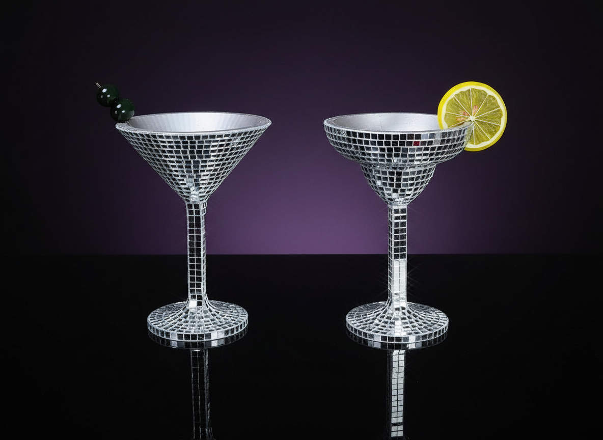 Happy Hour disco ball cocktail glass planters - martini and margarita pair front view