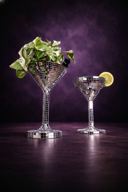 Happy Hour disco ball planters with plants and purple scatter light