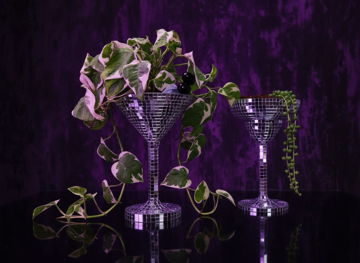 Happy Hour disco ball planters with trailing pothos plants