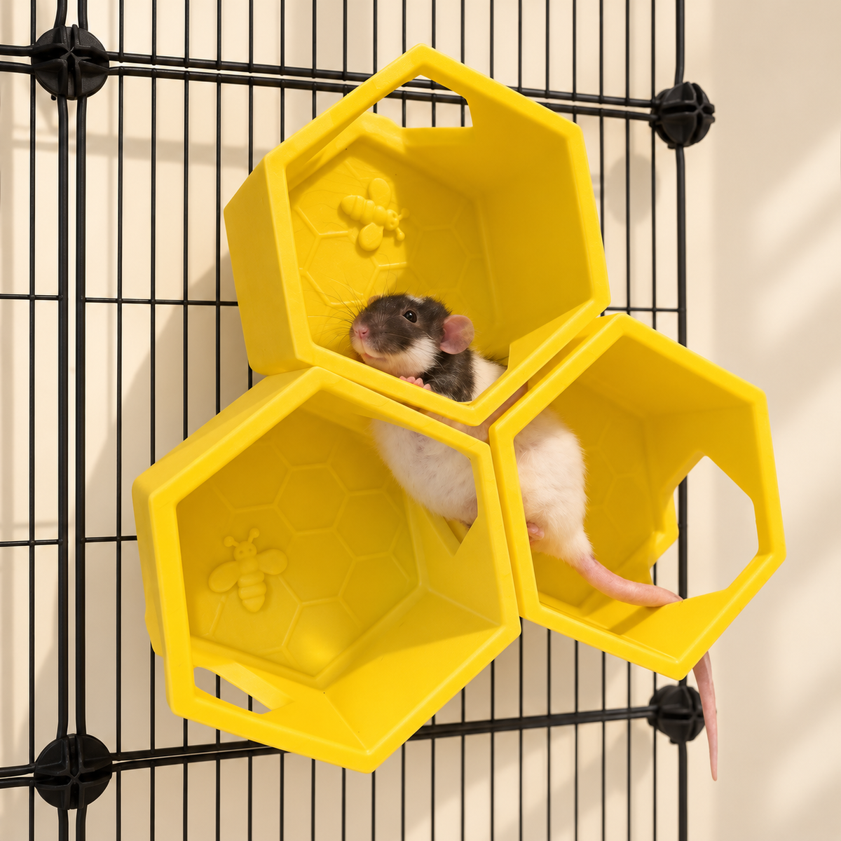 Black-and-white rat moving between three yellow honeycomb shelves mounted on cage bars.