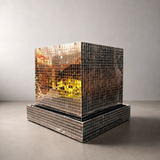 Mirror tile disco cube planter with square drainage tray on a warm-grey tabletop