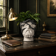 Greek Bust Planter | Aristotle.exe, white bearded bust planter wrapped with dark coils and topped with a plant