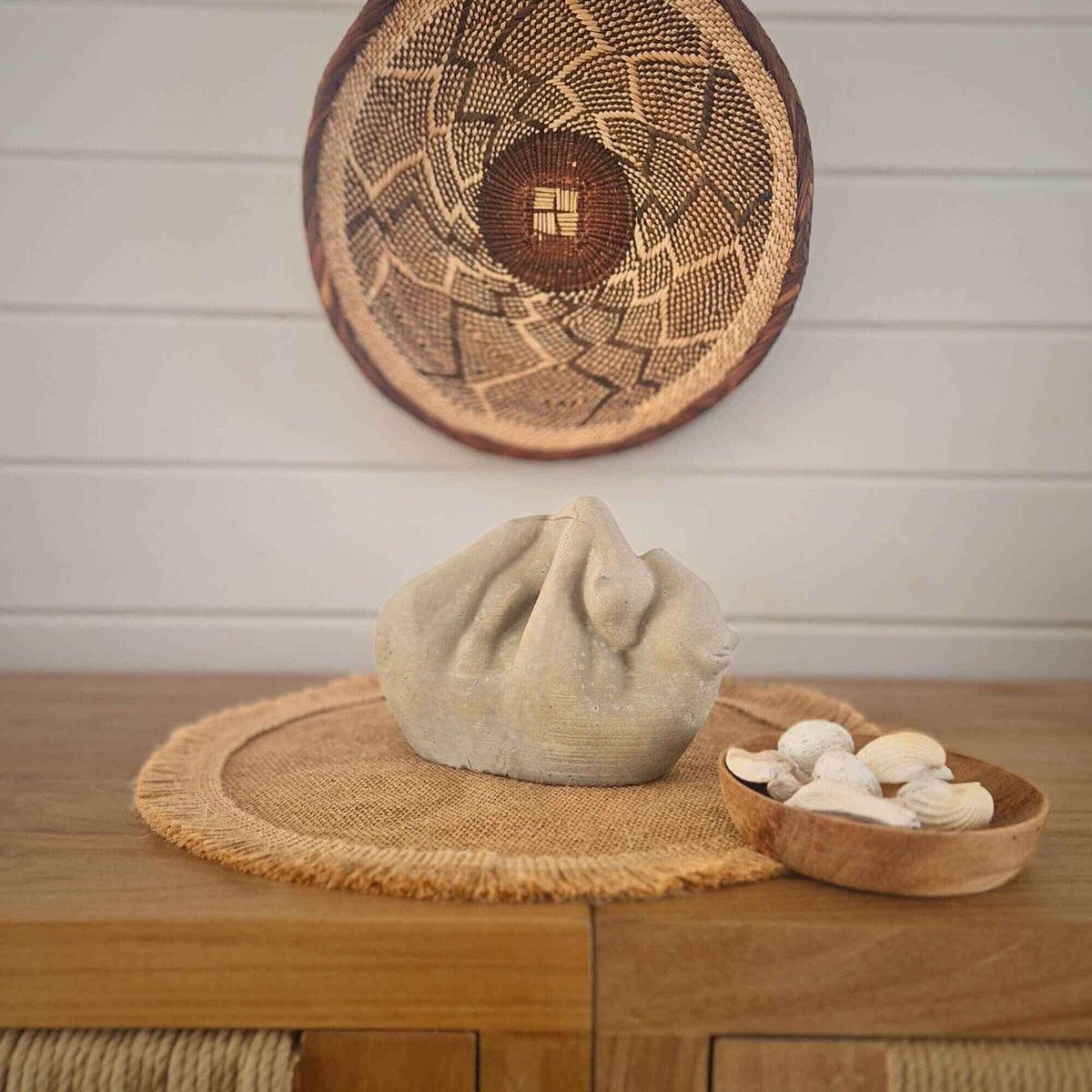 Bear & Cub Cast Stone Garden Sculpture — scale reference — shown with plant