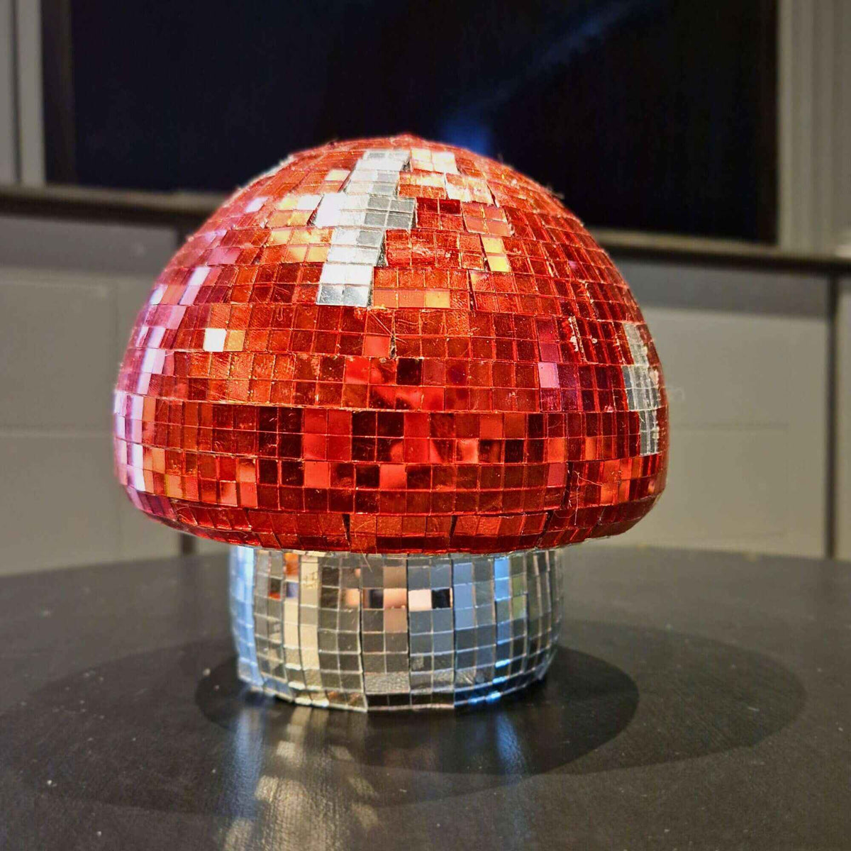 Groovy Disco Mushroom mirror tile close-up showing light reflection