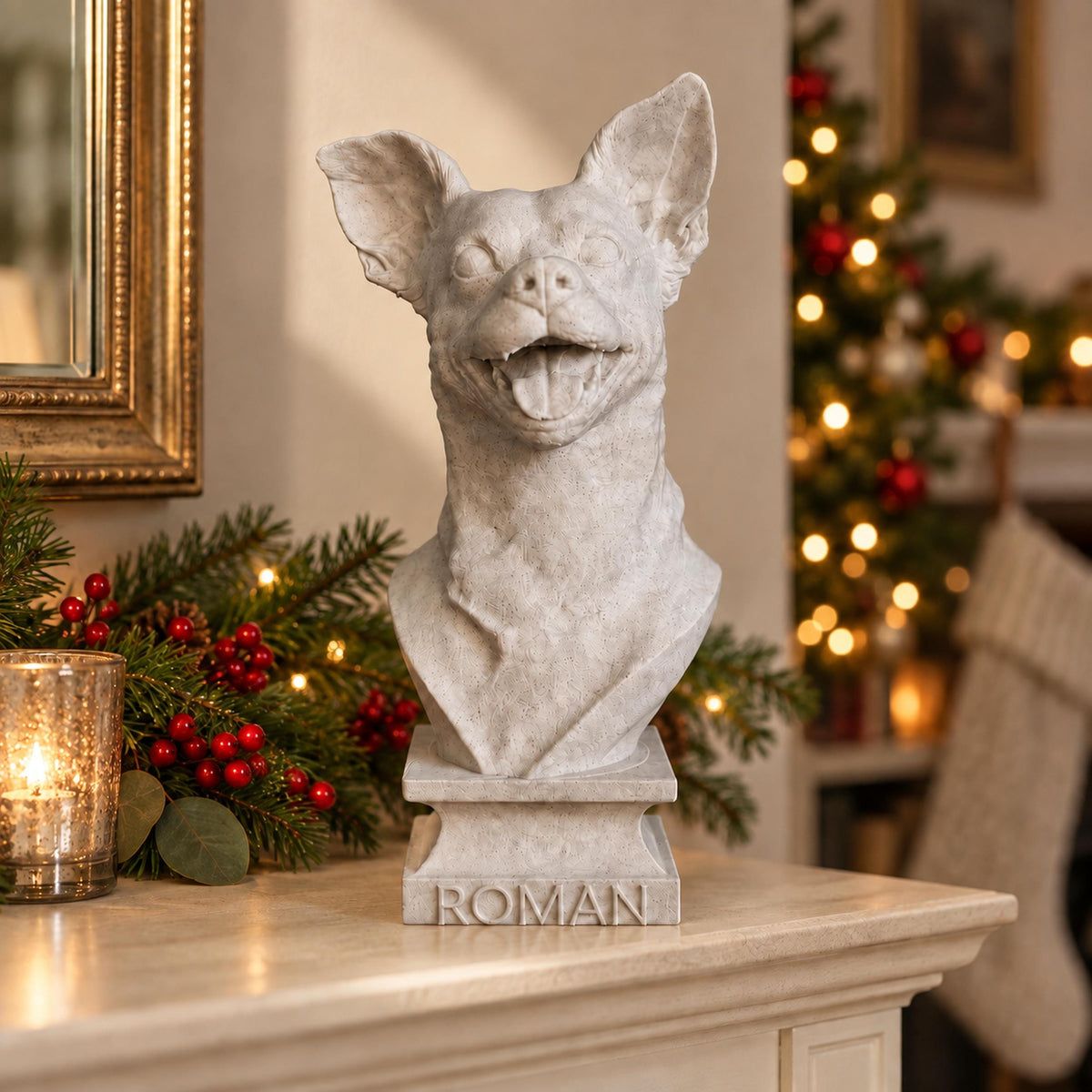 Custom Pet Bust from Photo | Personalised Pet Memorial in a Christmas setting
