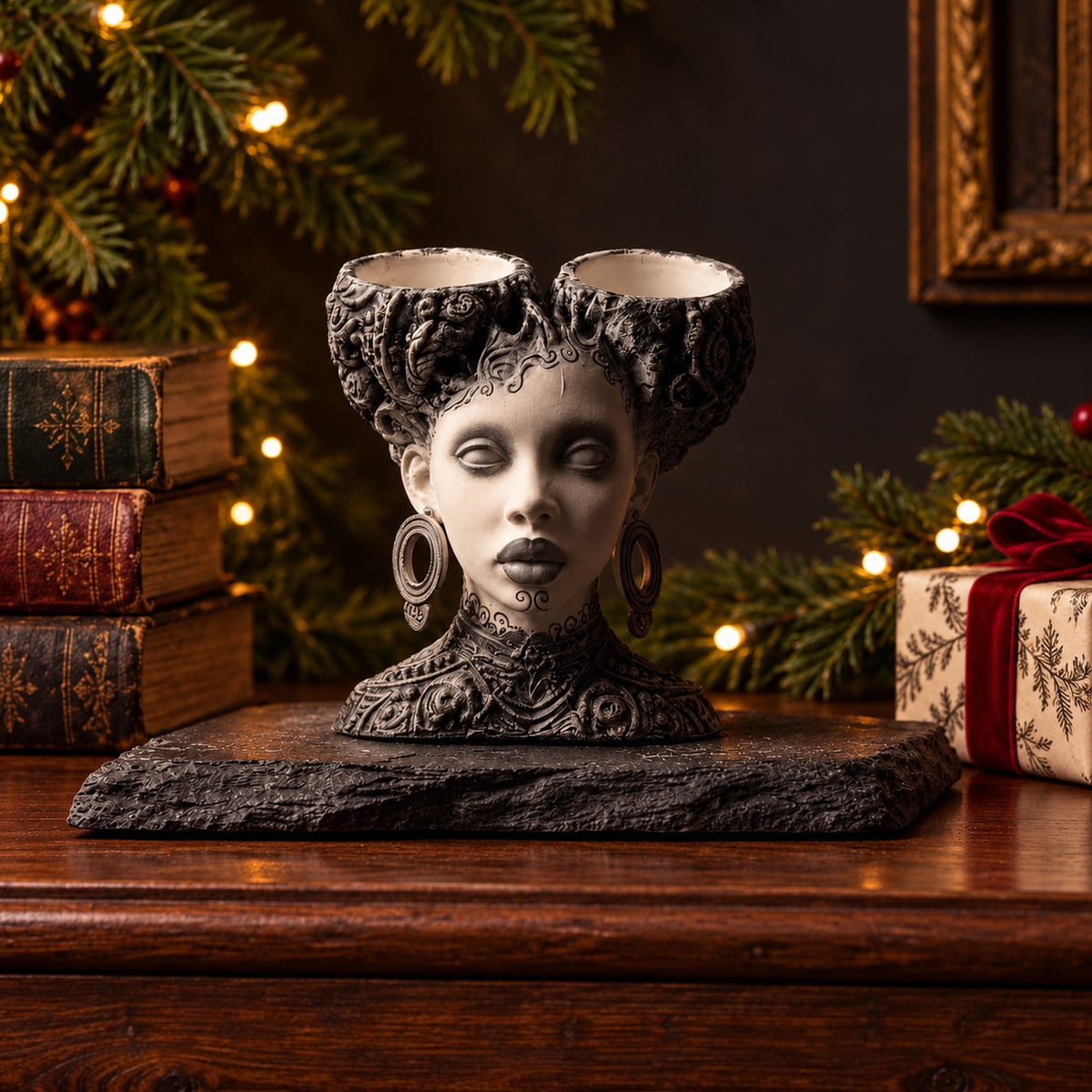 Necronomia head planter on a dark shelf with Christmas lights and wrapped gifts