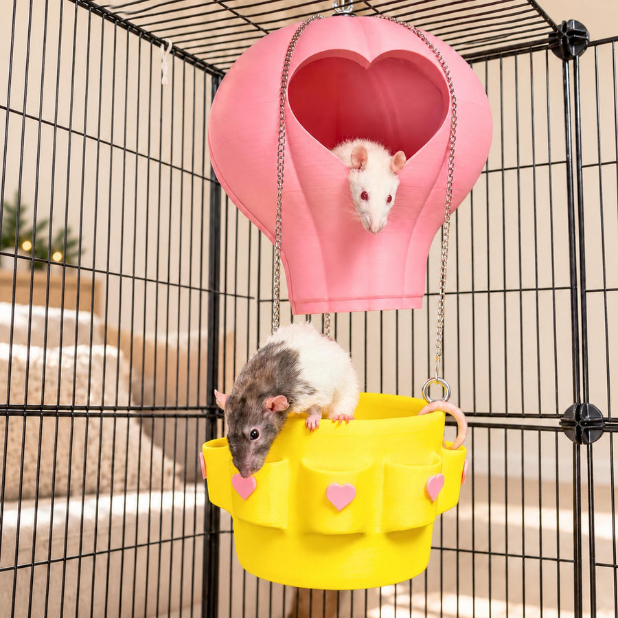Hot Air Balloon Rat Hide – Hanging Cage Basket: Rats exploring the pink balloon hide and yellow hanging basket