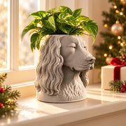 Custom pet stone plant pot shaped like a spaniel, on a windowsill by a Christmas tree