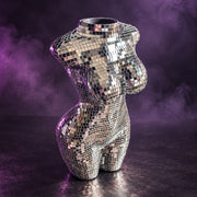 Large silver mirror-tiled torso vase, three-quarter view showing the opening