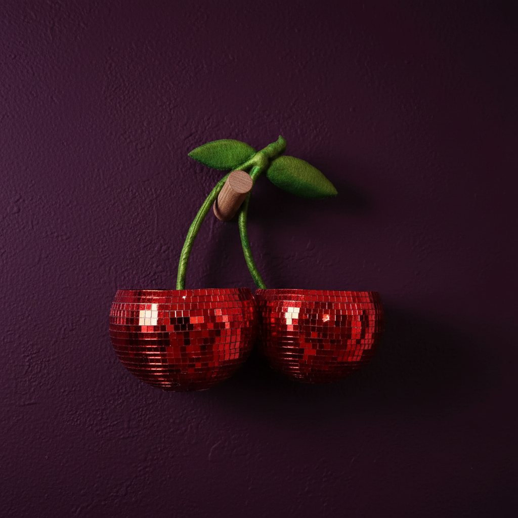 Hanging pair of red mirror mosaic cherry planters on a purple backdrop