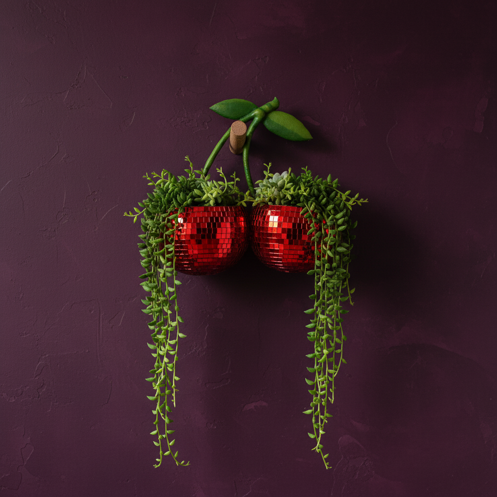 Hanging cherry disco planters with long trailing green plants